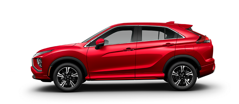 Side profile of a red diamond 2022 / 2023 Mitsubishi Eclipse Cross SUV SEL trim