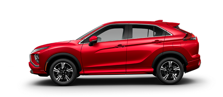 Side profile of a red diamond 2022 / 2023 Mitsubishi Eclipse Cross SUV SEL trim