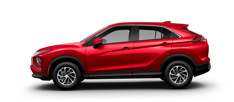 Side profile of a red diamond 2023 / 2024 Mitsubishi Eclipse Cross SUV SEL trim