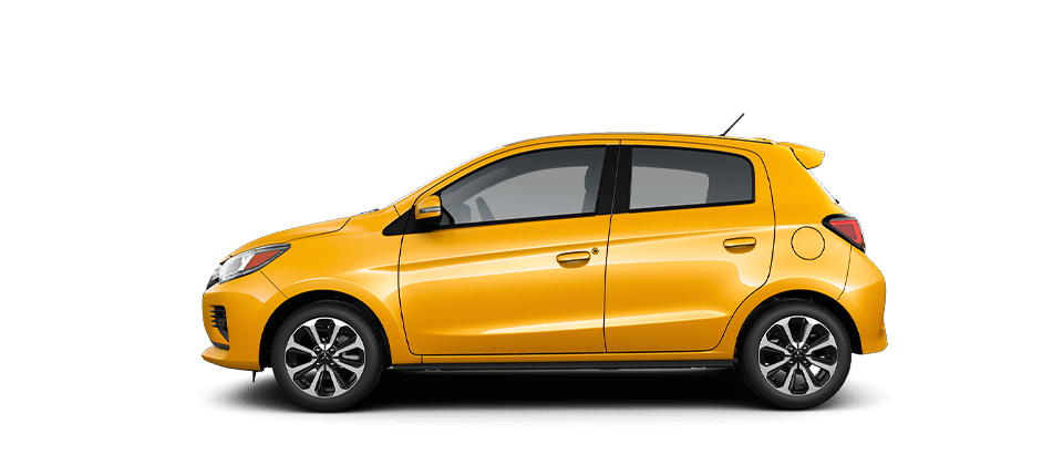 A yellow 2022 Mitsubishi Mirage hatchback