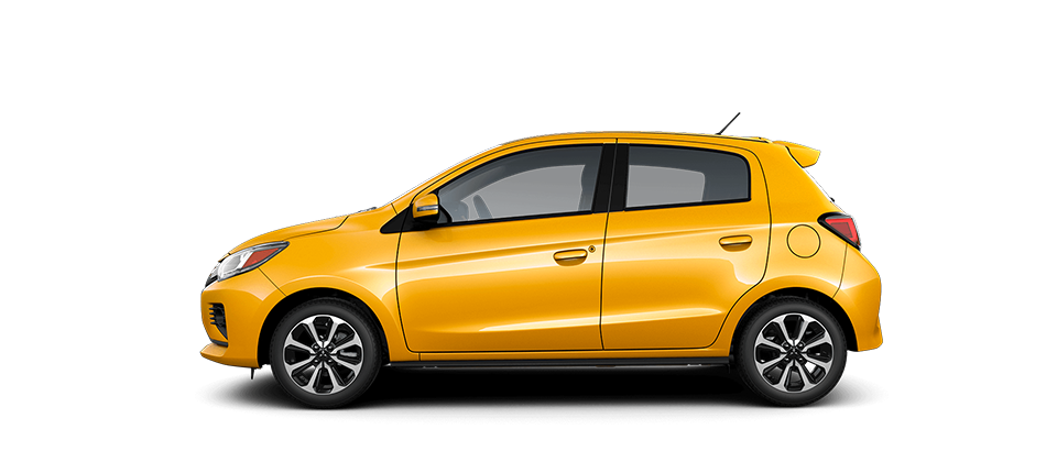 A yellow 2022 & 2023 Mitsubishi Mirage hatchback