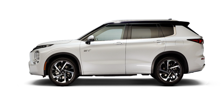 Side profile of a White Diamond 2024 Mitsubishi Outlander PHEV SUV