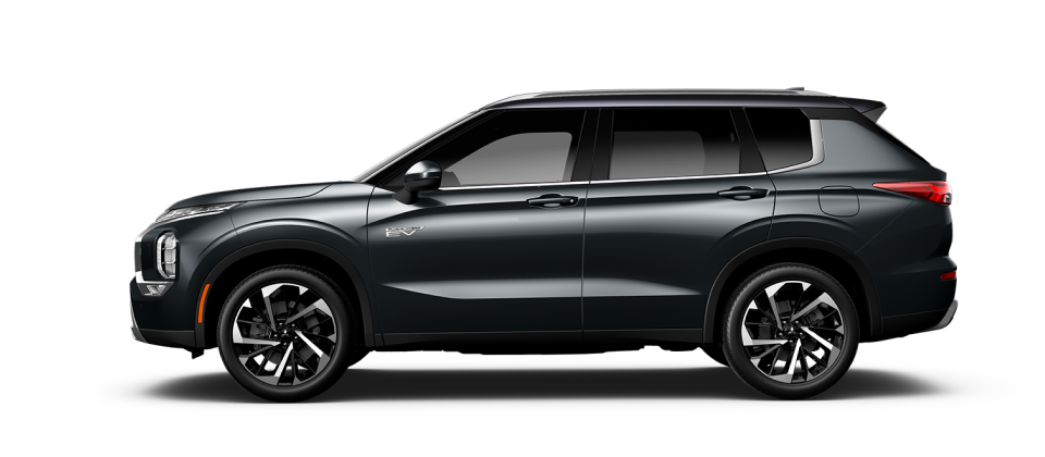 Side profile of a White Diamond 2025 Mitsubishi Outlander PHEV SUV