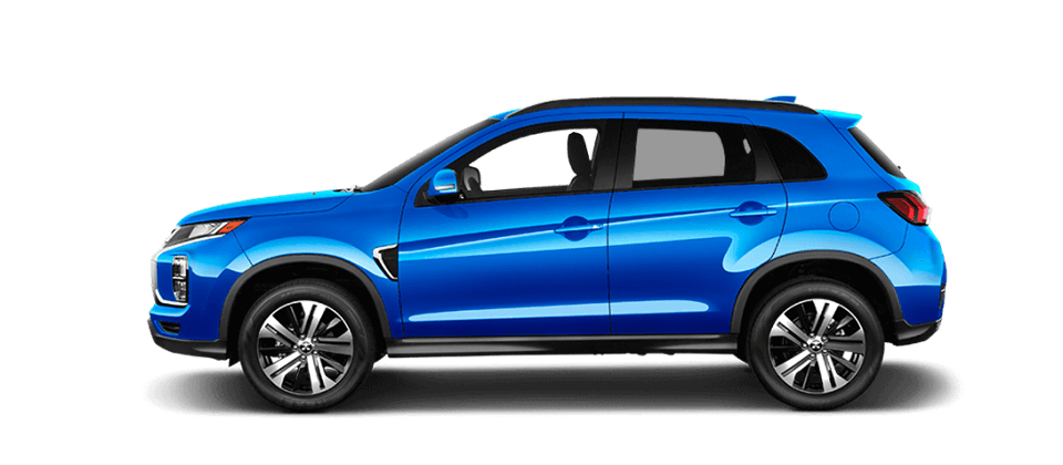  A side profile view of a blue 2022 Mitsubishi Outlander Sport against a white background. 