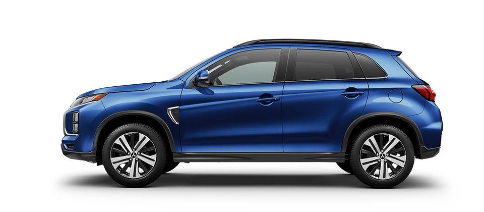  A side profile view of a blue 2023 Mitsubishi Outlander Sport against a white background. 