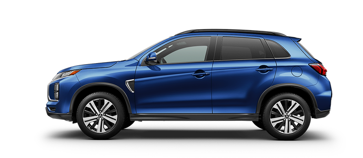  A side profile view of a blue 2023 Mitsubishi Outlander Sport against a white background. 