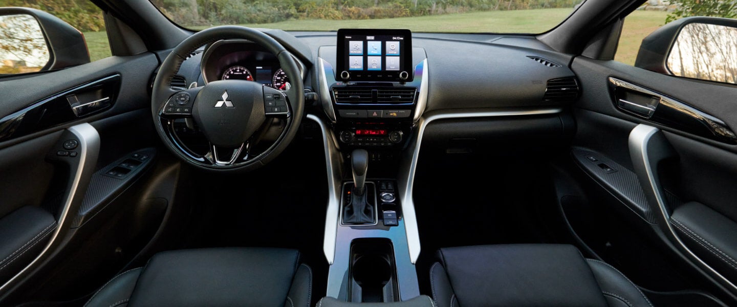 Black passenger and driver seat and full black interior in the 2021/2022 Mitsubishi Eclipse Cross crossover.