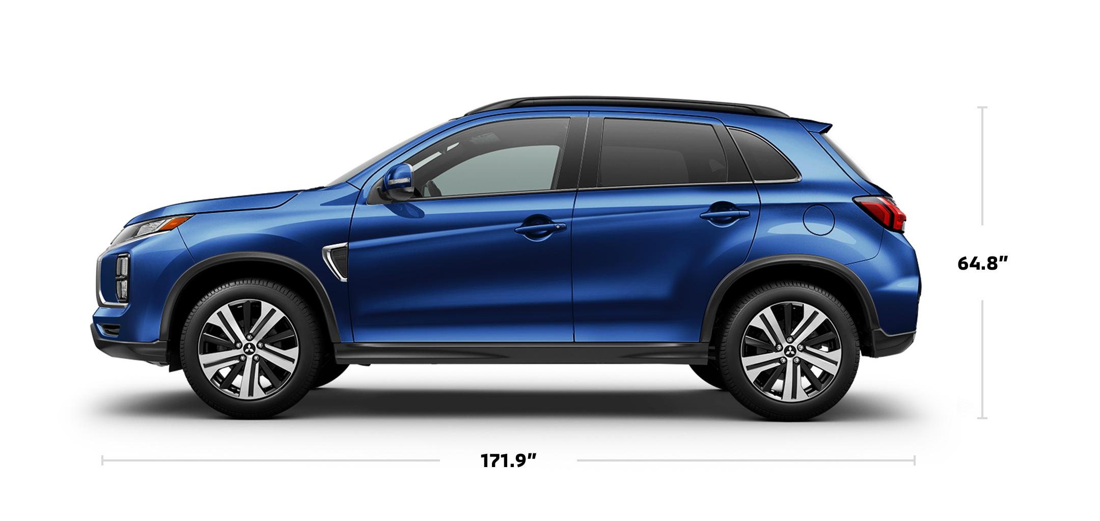 Side profile of a blue 2023 Mitsubishi Outlander Sport SUV with dimensions information
