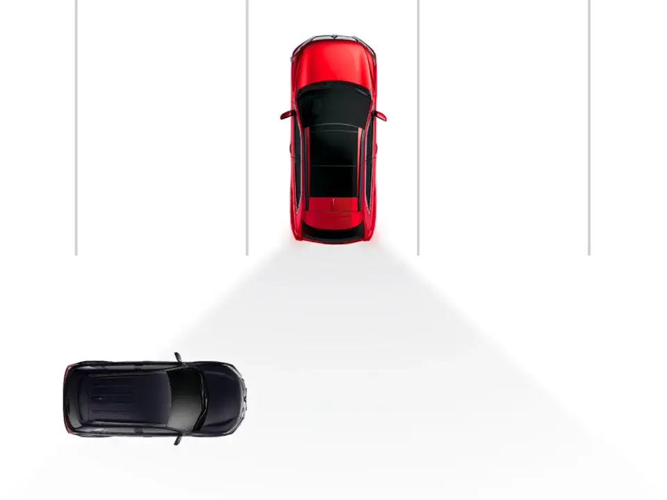 Animated demonstration of the Rear Cross Traffic Alert safety feature available on the 2023 / 2024 Mitsubishi Eclipse Cross