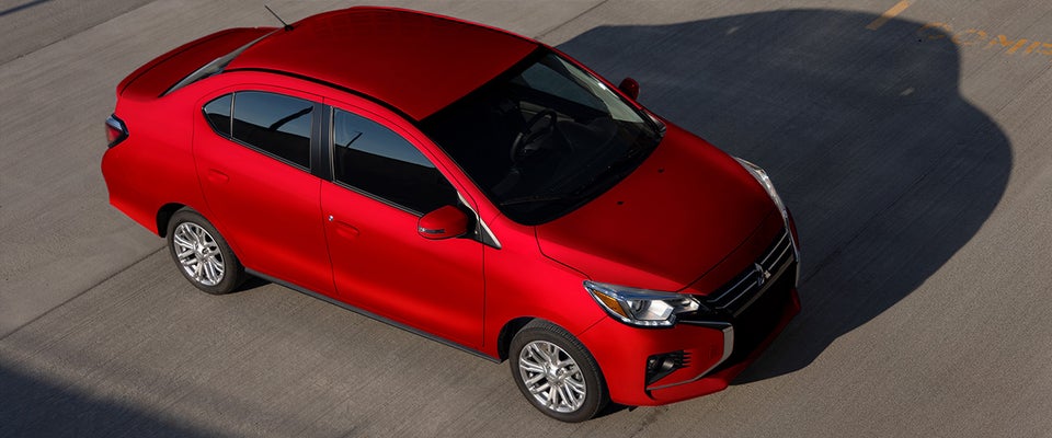 Overhead view of a red 2023 Mitsubishi Mirage G4 sedan parked