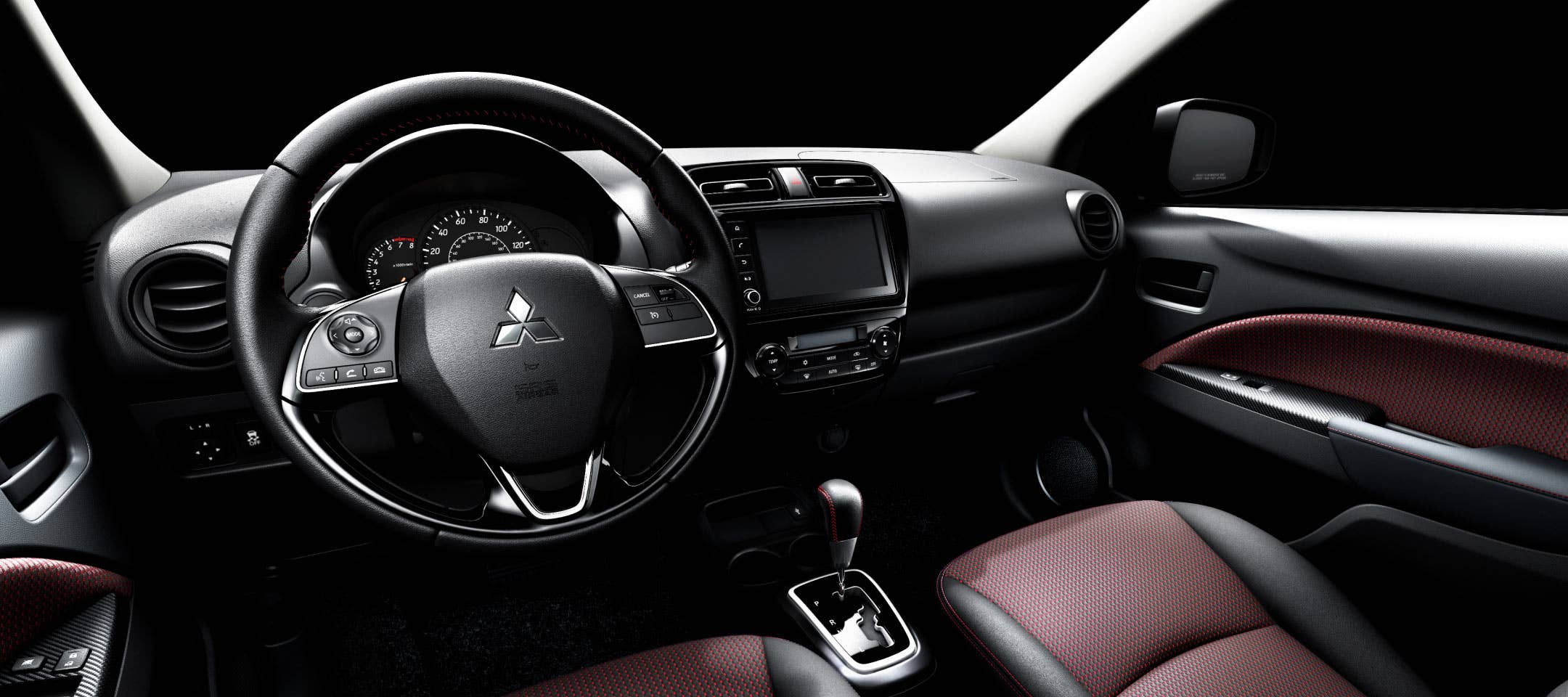 Black and red interior in the 2022 & 2023 Mitsubishi Mirage hatchback