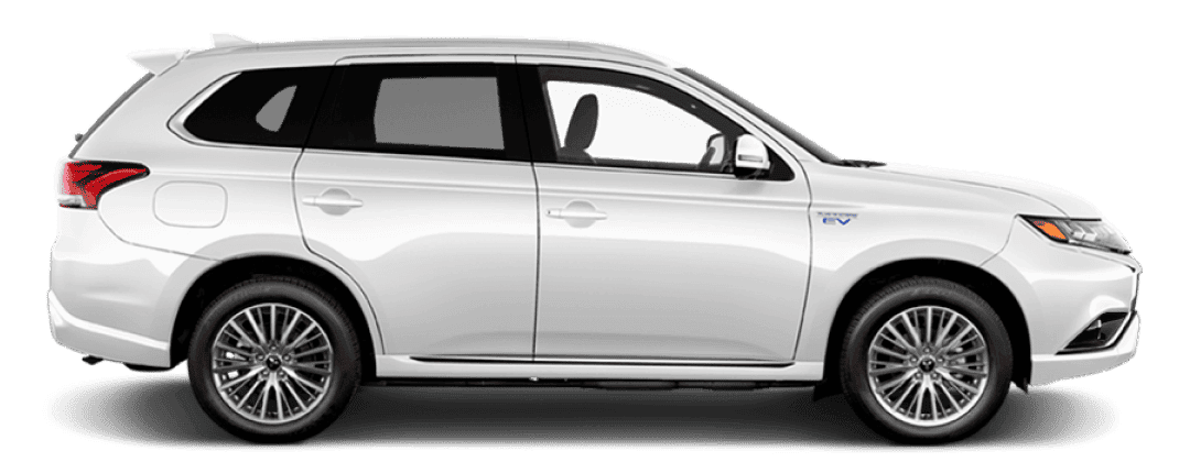 Side profile of a white 2022 Mitsubishi Outlander PHEV.