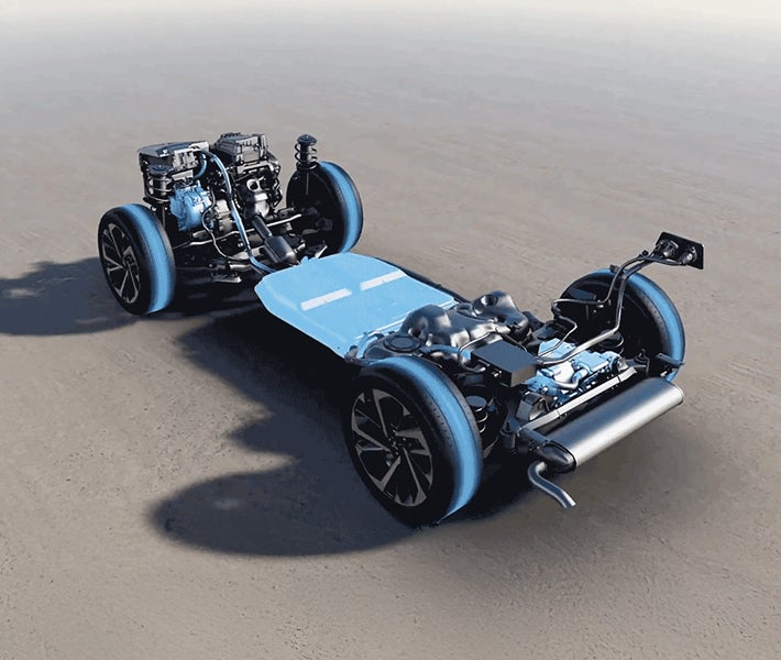 Graphic of the internals of a 2026 Mitsubishi Outlander PHEV SUV and the vehicle's MIVEC engine