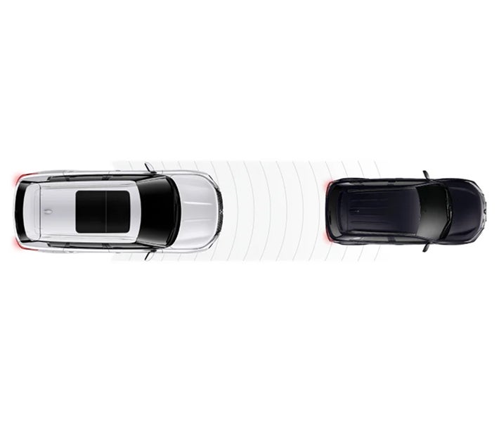 Graphic showing the forward collision mitigation and pedestrian detection feature in the 2026 Mitsubishi Outlander PHEV SUV