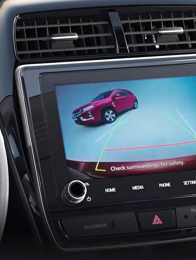 Closeup on the rearview camera display in the 2027 Mitsubishi Outlander Sport