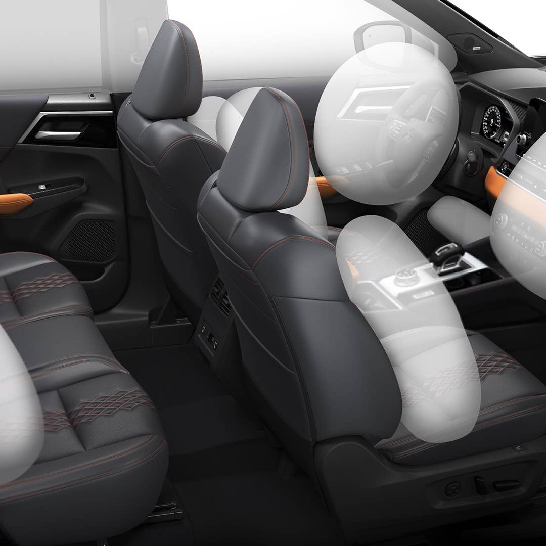 Animated demonstration of the safety airbags in the 2022 & 2023 Mitsubishi Outlander SUV.
