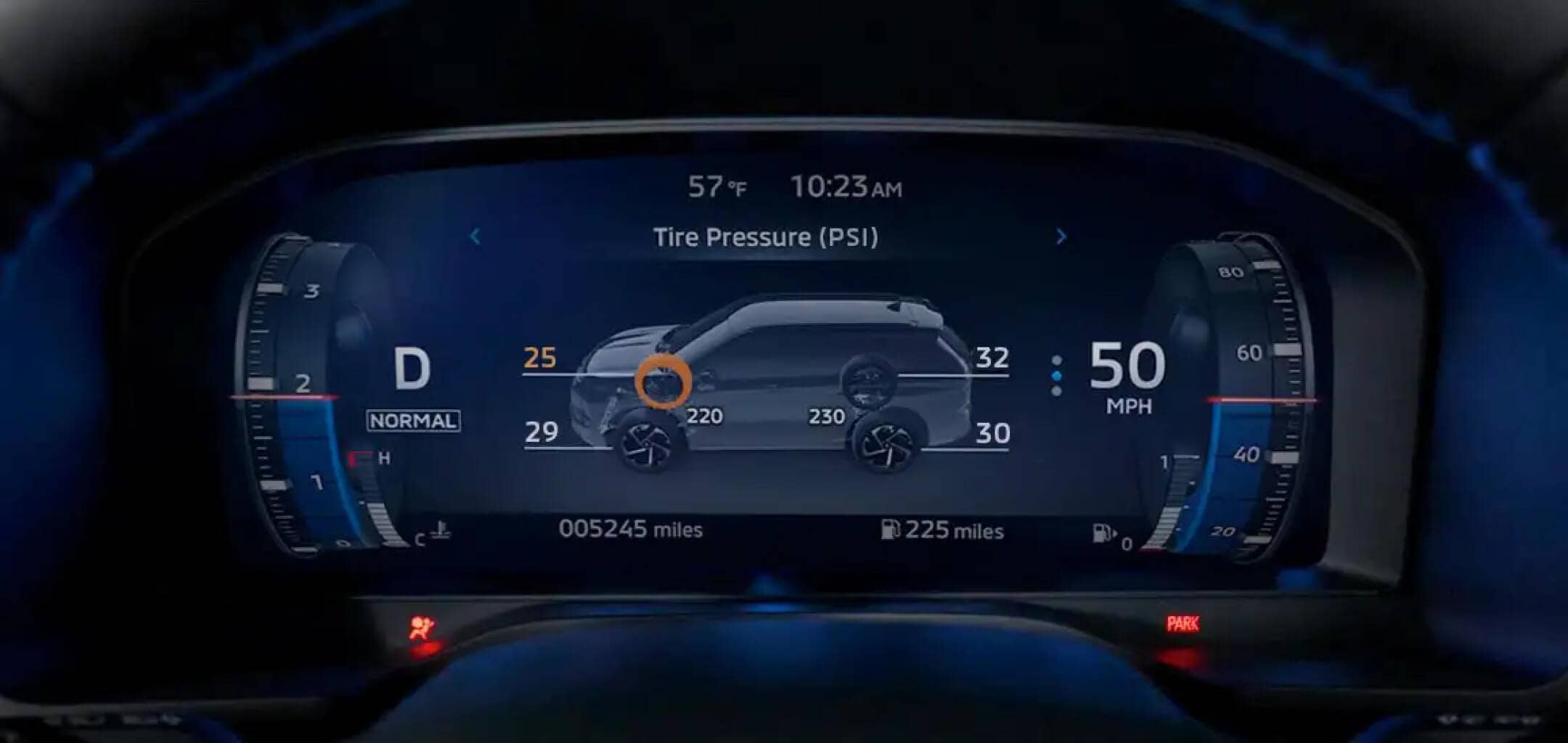 Tire pressure of all 4 wheels shown on the 2022 & 2023 Mitsubishi Outlander SUV dashboard.