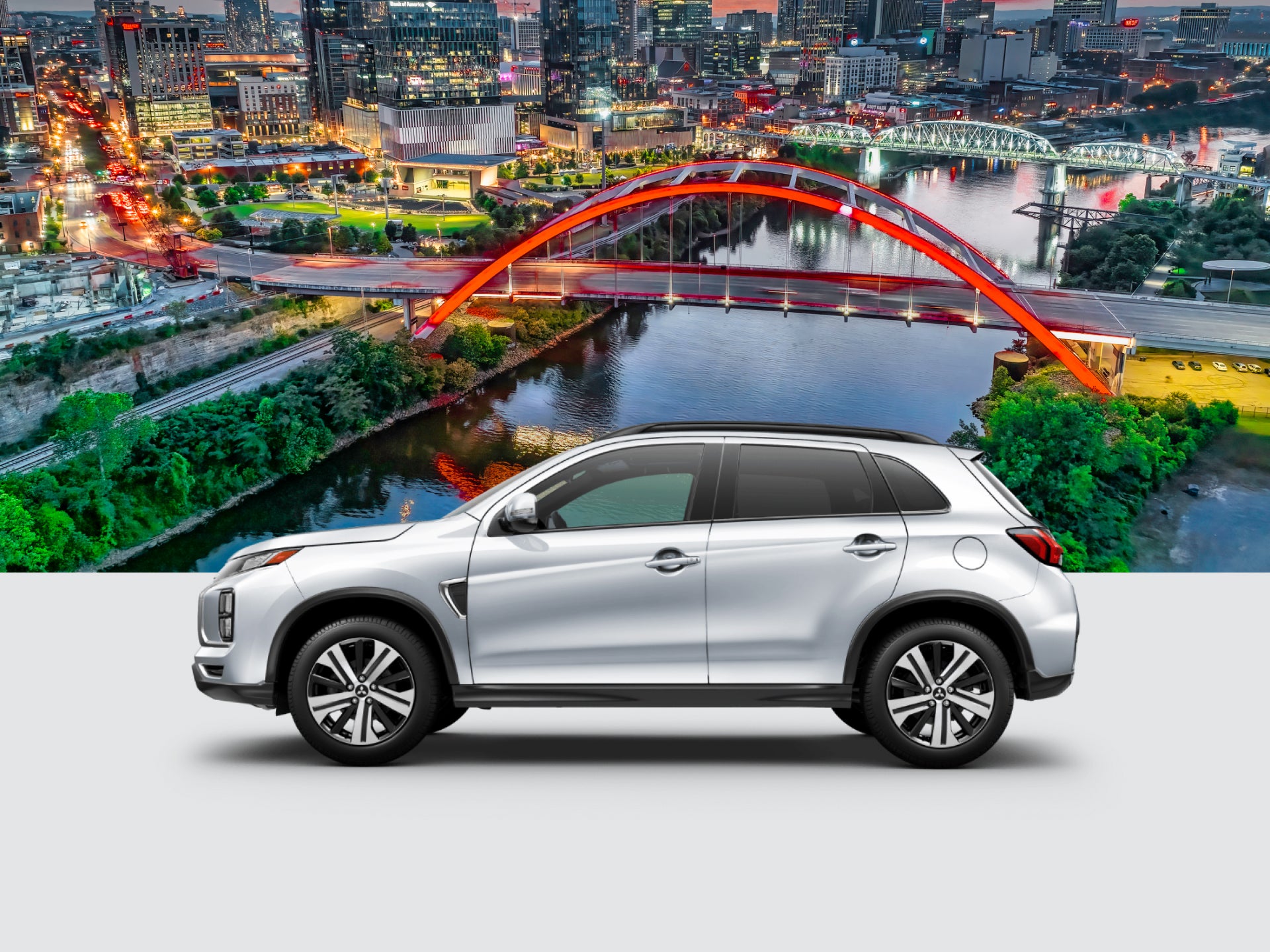 A silver 2026 Mitsubishi Outlander Sport SUV on a Nashville background