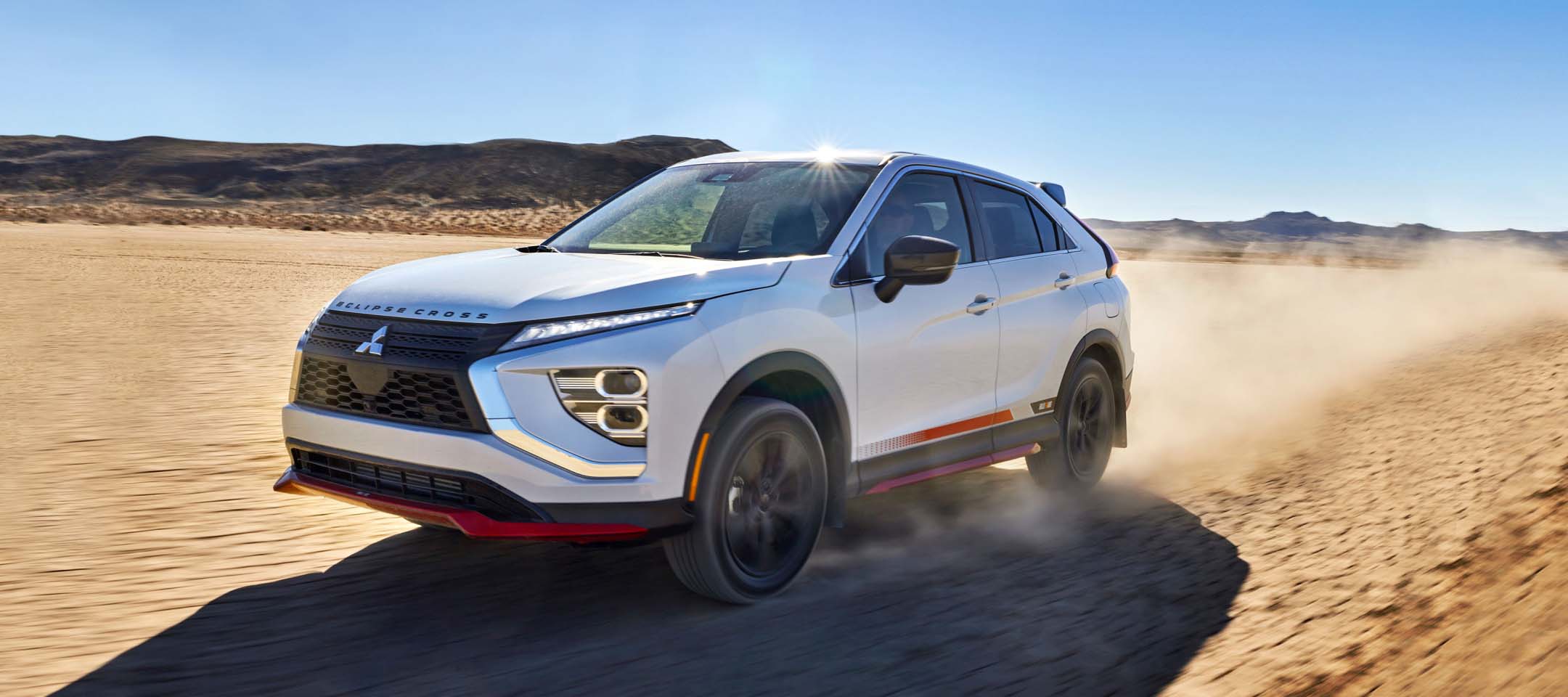 2023 Mitsubishi Ralliart Edition Eclipse Cross Compact SUV driving through the desert