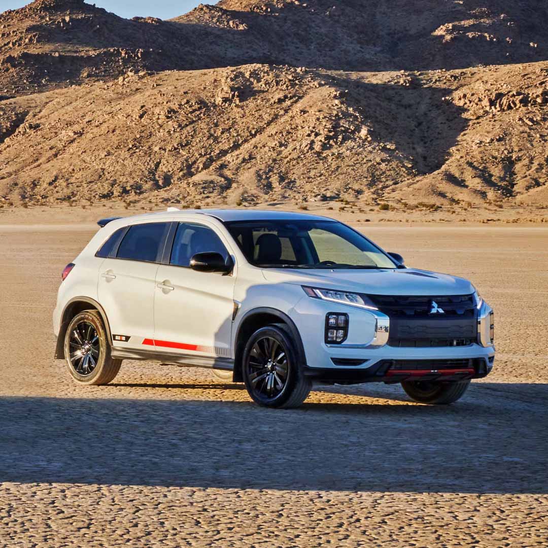 Angled view of a 2023 Mitsubishi Ralliart Edition Outlander Sport SUV in the desert